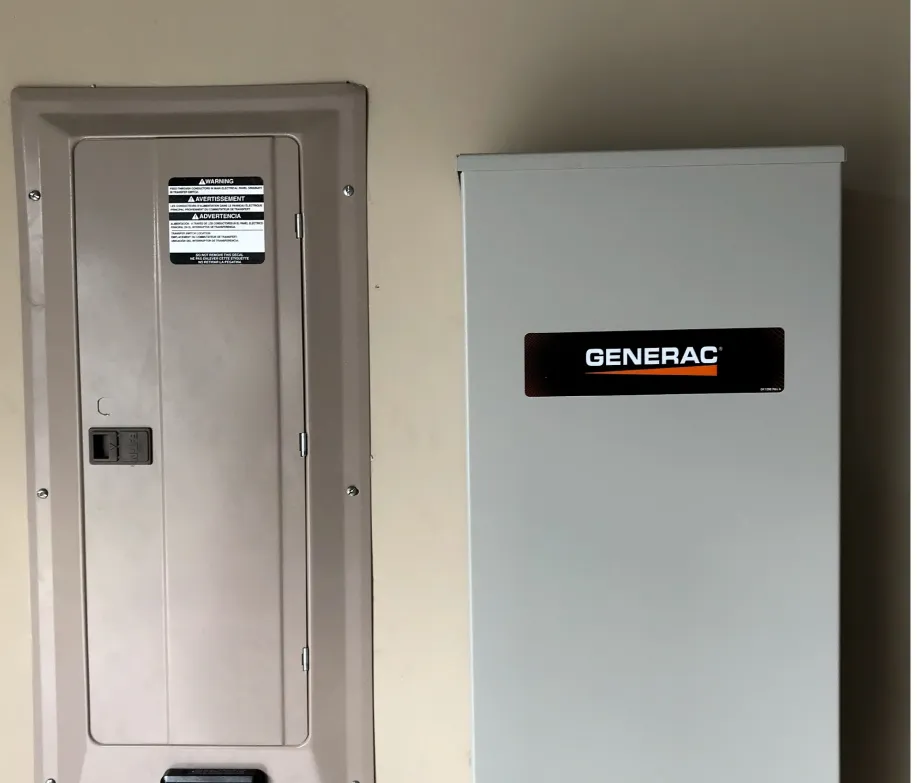 gray electrical panel and white Generac power system installed side by side on beige wall in modern electrical installation gray electrical panel and white Generac power system installed side by side on beige wall in modern electrical installation